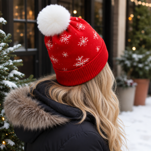 Snowflakes Pom Beanie-Red