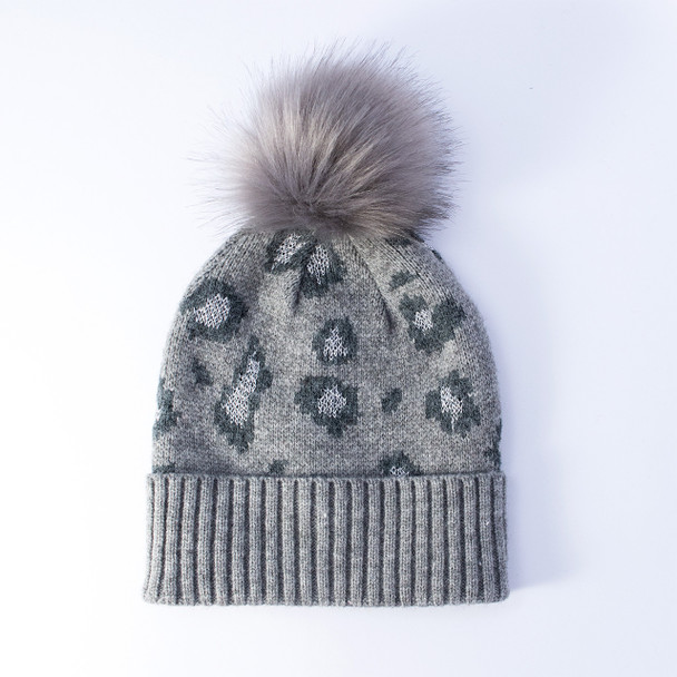 Gray Leopard Pom Beanie