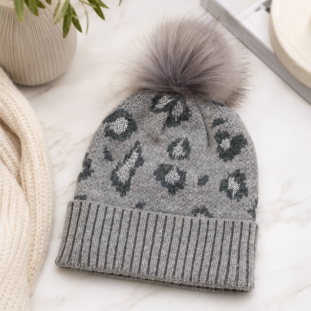 Gray Leopard Pom Beanie