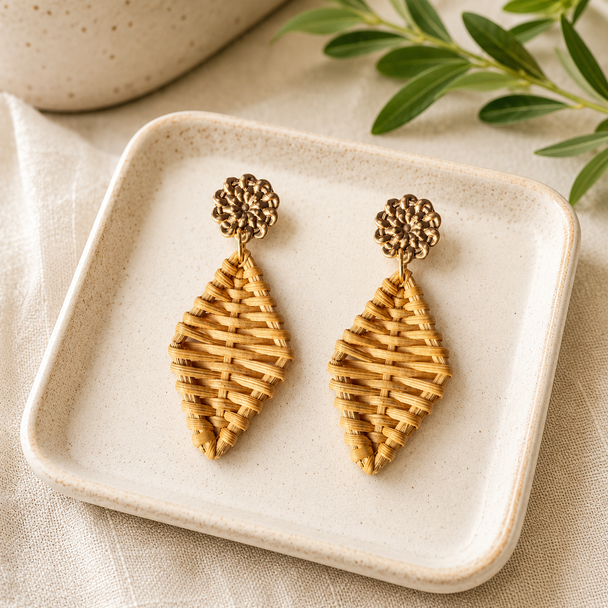 Rattan Rhombus Drop Earrings-Lt. Brown