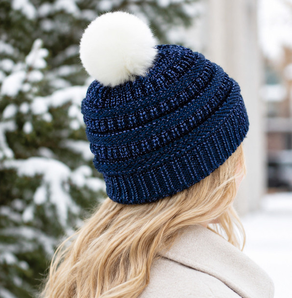 Metallic Navy Pom Beanie
