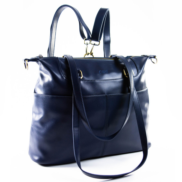 London Convertible Tote- Navy - Vegan Leather - Embroidered