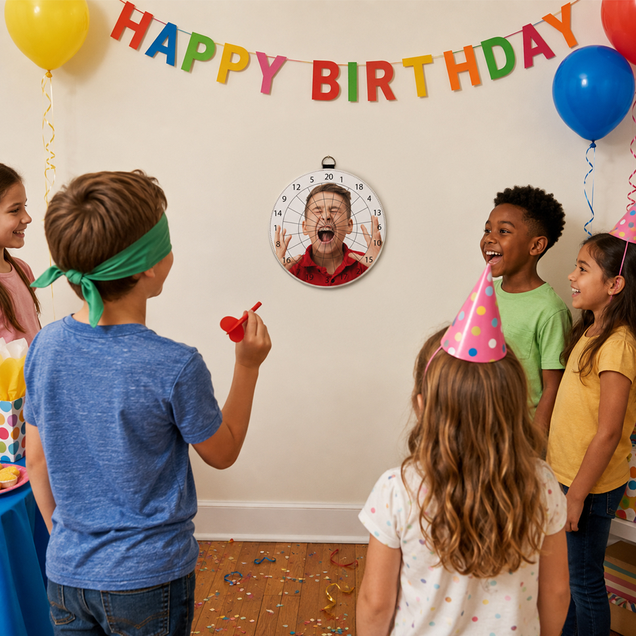 Personalized photo dartboard displayed in a room