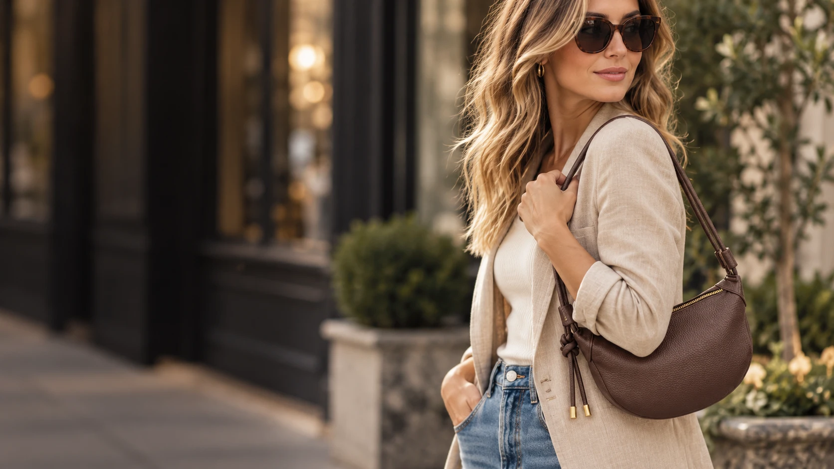 Woman carrying the chocolate brown Ripley Convertible Tote