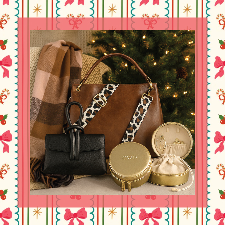 A Christmas gift guide featuring a stylish handbag, a cozy scarf, and various trendy accessories.