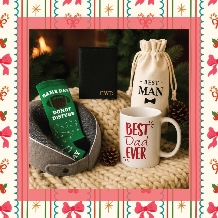 A gift bag containing a mug, a hat, and a gift card, arranged attractively for a special occasion.