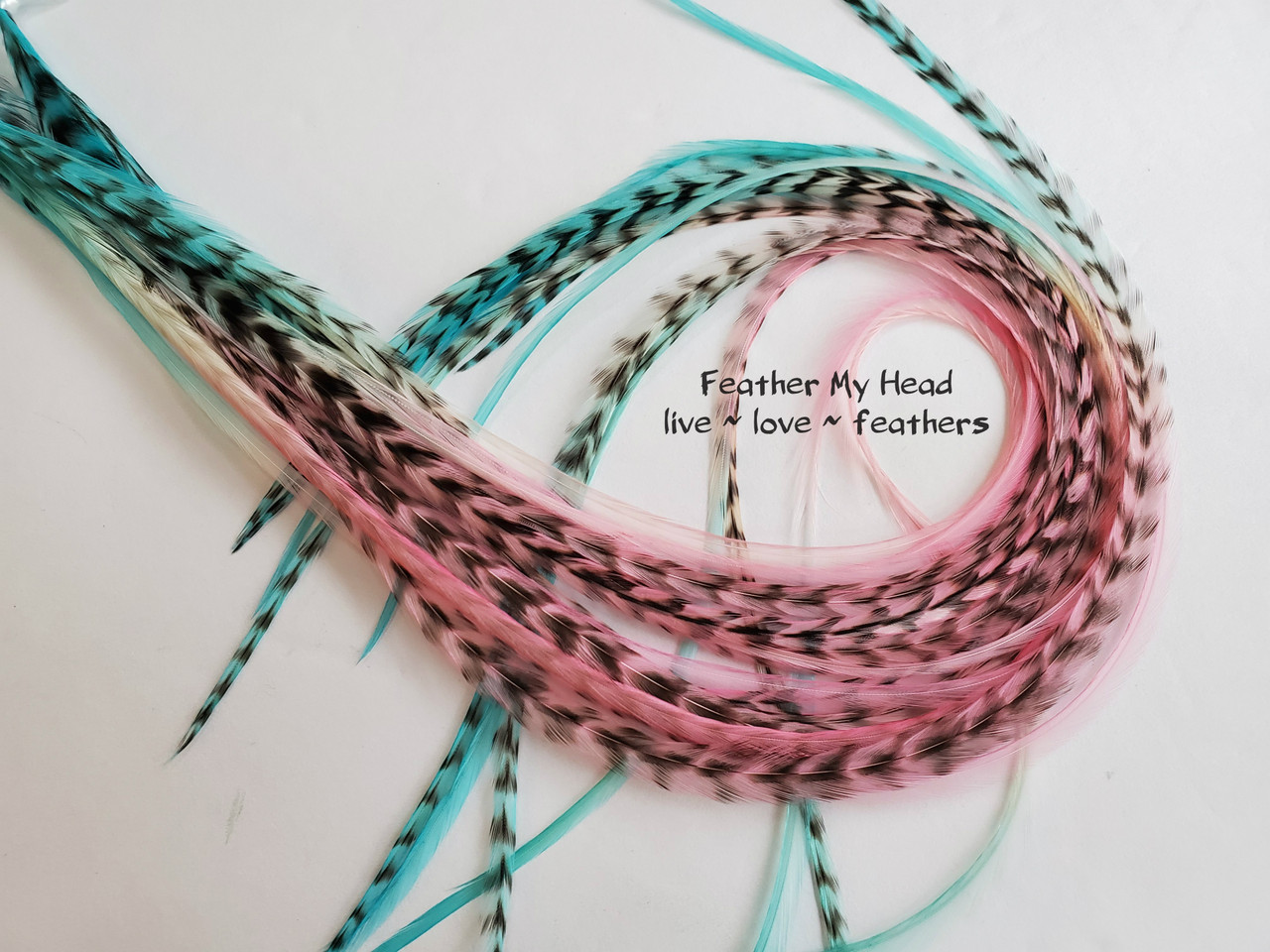 Pink and Aqua Blue Green Hair Feathers - Rainbow Feather Extensions -Pixie Dust Design