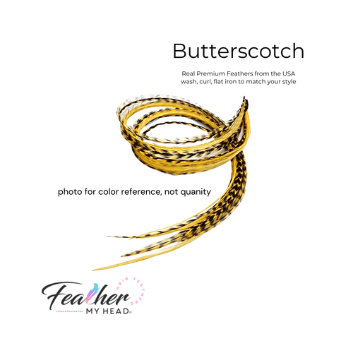 Butterscotch yellow - gold feather hair extension kit by Feather My Head hair feathers in long lengths you will love.