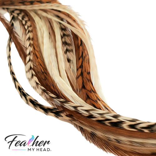 Tan Fannies Hair Feather Extension Collection of hair feathers in soft, earthy, natural tones of Fawn, Natural Ghost Grizzly, and Brown. 