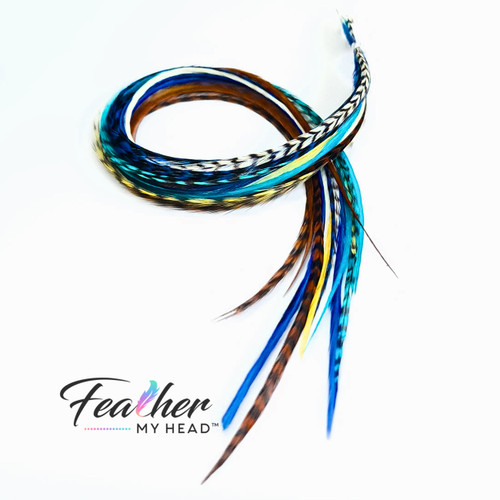 Step up your festival ensemble with Cowboys and Angels' feather extensions – a blend of vibrant blues, turquoise hues, rich caramel browns, and natural grizzly hair feathers. These long hair feather extensions, available in lengths ranging from 10 inches to over 16 inches, are perfect for complementing your everyday look or adding a fun twist to your style for events, festivals, vacations, and more. Plus, the 16 plus length for very long hair is a rare find, ensuring a better blend to match the length of your long hair.