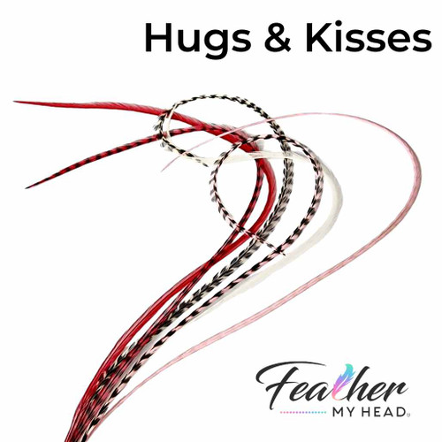 Hair Feather Extension Kit in Red, Pink, White Feathers. Hugs and Kisses