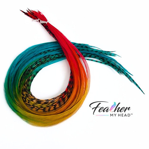 Dive into the rich hues of the Colorado landscape with our Durango hair feather package!
Inspired by nature, this collection features earthy tones in shades of red, green, and brown.  Whether you're into earthy tones or love country vibes, our 'Durango' hair feathers are for you.  They're not just for country looks but also perfect for accessorizing at country concerts and other festivals.