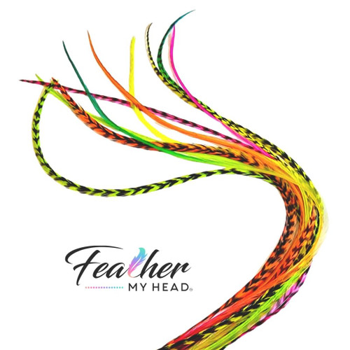 Feather Hair Extensions Kit: 5 Real Bonded Thin Feathers with 3 Hair Crimps and Hair Threader. Warm Colors, Red, Orange, Tiger, Rust, Sienna
