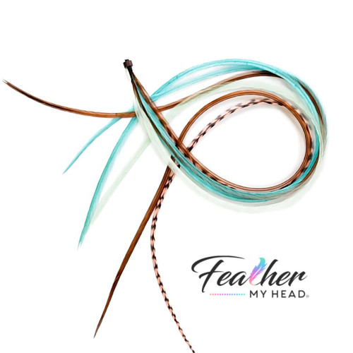 Hair Feather Extension Collection of hair feathers in soft natural earthy shades of brown, blue, green and coral.

Select your length with hair feathers over 16 inches long. Optional feather kit makes installing your feathers at home a cinch with instructions and photos