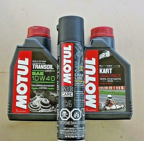 Motul Lubricants 3 Pack - C4 Chain Lube, Transoil 10w40, Kart Grand Prix 2T