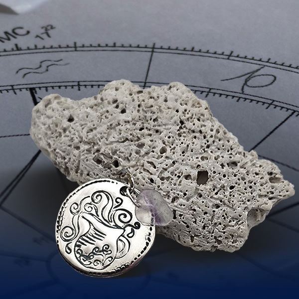 AQUARIUS. FOUR ELEMENTS ZODIAC TALISMAN WITH FLUORITE. SILVER PENDANT