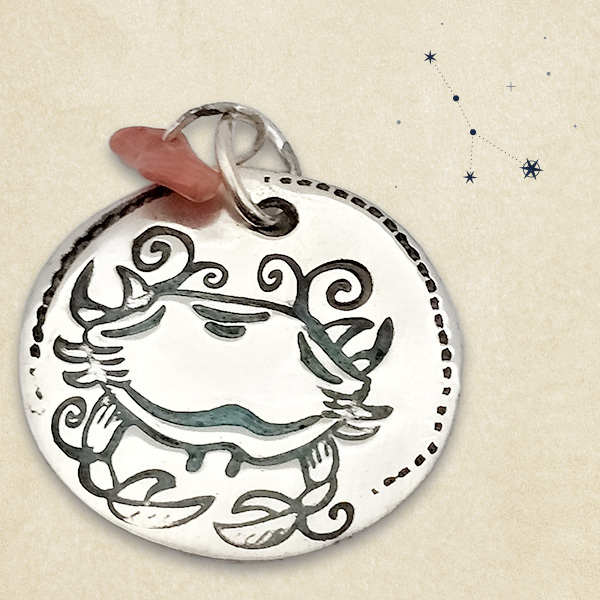 CANCER - FOUR ELEMENTS ZODIAC TALISMAN. SILVER PENDANT WITH CORAL