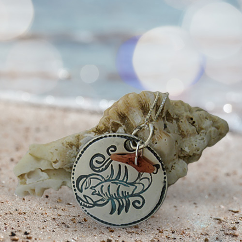 SCORPIO - FOUR ELEMENTS ZODIAC TALISMAN. SILVER PENDANT WITH CORAL