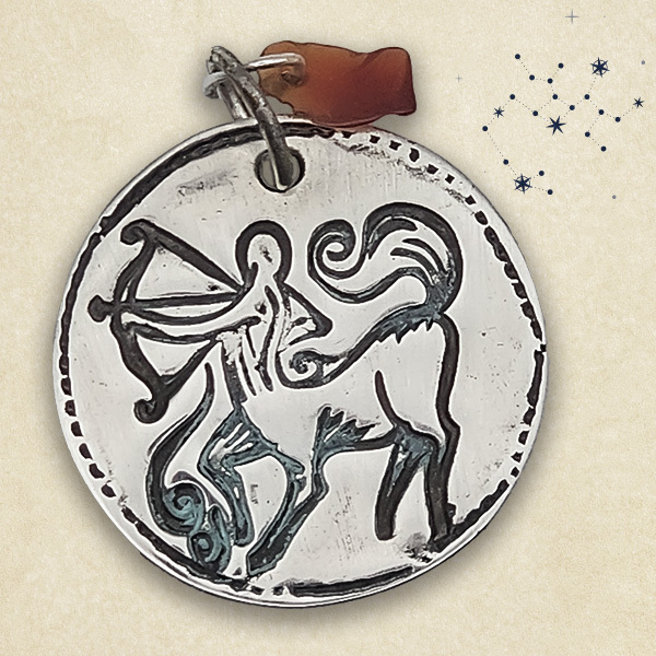 Sagittarius. Four Elements Zodiac Talisman. Silver pendant with Carnelian