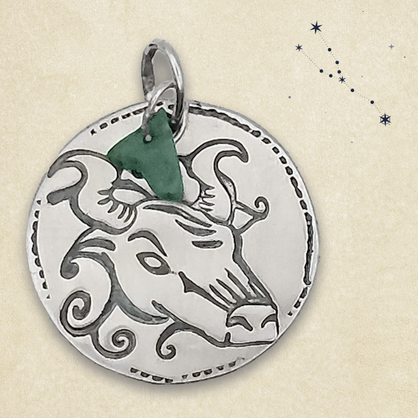 TAURUS. FOUR ELEMENTS ZODIAC TALISMAN. SILVER PENDANT WITH JASPER