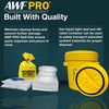 Infographic showing a spill kit with a UN rated yellow container featuring a liquid tight seal lid.