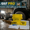 AWF PRO spill kit in a yellow pail used in a garage featuring absorbent pads, socks, gloves, and safety goggles.