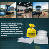Infographic showing a spill kit used for truck and garage oil leaks, including absorbent pads, socks, and a disposal bag.