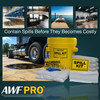 Infographic showing a spill kit used for industrial, garage, and dock leaks, featuring absorbent pads, socks, and gloves.