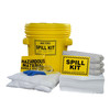 20 gallon yellow screw top drum with white oil-only absorbent pads, socks, pillows, hazmat bags, and safety gear.