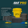 Infographic listing kit contents: 1 drum, 50 pads, 8 four foot socks, 5 pillows, 7 disposal bags, and chemical gloves.