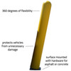Yellow flexible safety post shown bending with text highlighting 360 degree flexibility and surface mount installation