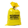 Large yellow hazardous material bag with a tie closure and content tag for waste disposal.