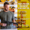 Infographic highlighting features of an AWF Pro black caulking gun held by a worker in a workshop setting.