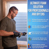 This graphic highlights the features of the foam solution for professionals and DIYers.

The product features minimal expansion for use around windows and doors.

It is suitable for use in both hot and cold conditions.

The foam achieves skin formation in 8 minutes and is dust-free dry in 25 minutes.

It has a universal fit that works with most professional foam guns.

The formula is designed to protect against intrusions during extreme high and low temperatures.