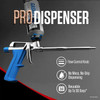 Infographic features a pro dispenser foam gun with a can of flexible drywall gasket attached. Listed features include a flow control knob, no mess and no-drip dispensing, and reusable up to 30 days when used as directed.