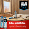 Infographic shows a foam dispensing gun and cans of flexible drywall gasket on a job site table. The product is designed to reduce air infiltration and improve indoor air quality."