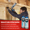 Infographic shows a worker applying a flexible drywall gasket between wood framing members. The product reduces air leaks at critical junctions, helps meet energy codes, and improves blower door test results.