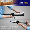 Infographic showing instructions to load epoxy into an AWF Pro epoxy gun and secure it by pushing the handle forward.