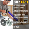 Infographic highlighting features of an AWF Pro blue caulking gun held by a worker in a wooden framing setting.