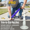 Infographic highlighting trim-to-size nozzles on an AWF Pro blue caulking gun used outdoors on a sidewalk.