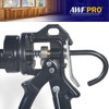 Close-up of the handle and trigger mechanism of an AWF Pro caulking gun against a white background with a logo header.
