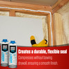 Infographic shows a flexible drywall gasket applied to wood framing. It creates a durable, flexible seal that compresses without bowing drywall to ensure a smooth finish.