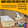 Infographic listing uses for spray foam sealant, including HVAC duct sealing, rim joists, and emergency repairs. Images show applied foam around a bathtub and a duct.
