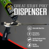 showing a foam dispenser gun with a can attached. Key features listed include an adjustable bead size, fills and seals gaps up to 3 inches, a durable aluminum body with a metal trigger, and no-drip dispensing.