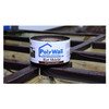 A roll of joist tape rests on a wooden deck frame where the black tape has been applied to the top of the joists to prevent wood rot.