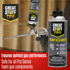 This graphic highlights that Great Stuff Pro Series foam cleaner is safe for all Pro Series foam gun components. It also notes that the cleaner helps ensure optimal gun performance.