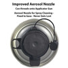 This graphic highlights features of the improved aerosol nozzle:

The nozzle can thread onto an applicator gun.

It serves as an aerosol nozzle for spray cleaning.

The nozzle is fixed to the base, ensuring it never gets lost.