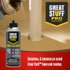 This graphic illustrates the function of Great Stuff Pro Series foam cleaner. It is formulated to dissolve and remove uncured foam and residue.