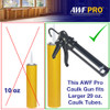 Infographic showing an AWF Pro caulk gun fitting a larger 29 oz. tube, compared to a crossed-out 10 oz. tube.