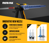 Infographic comparing old and new spray foam nozzles. The new design features improved mixing and 50 percent less dripping. Includes a side-by-side comparison of the shorter old nozzles and the longer, updated blue and clear nozzles.
